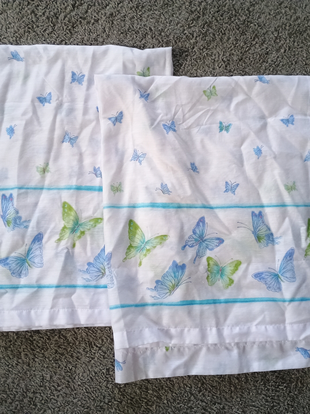 Butterfly-Print White Curtain Panel Pair with Blue & Green Accents